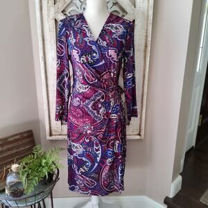 Kasper Women's Medium 3/4 Sleeve Pullover Faux Wrap Midi Sheath Dress Paisley